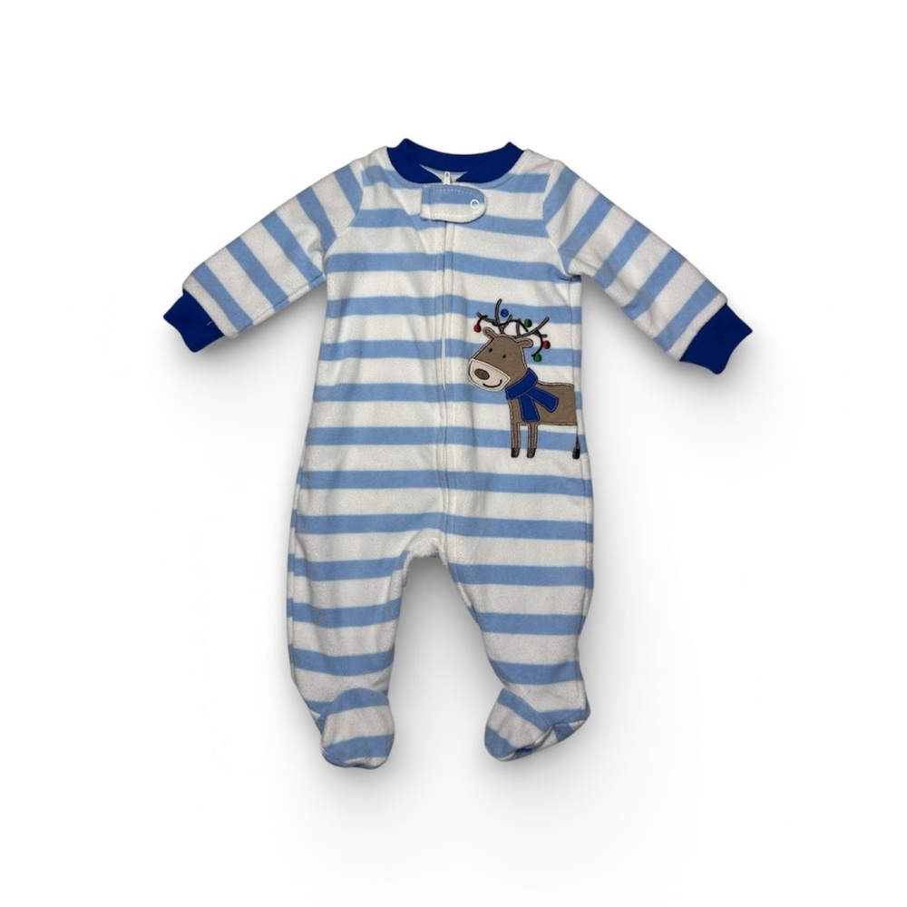 Carter's Blue and White Striped Footie with Reindeer